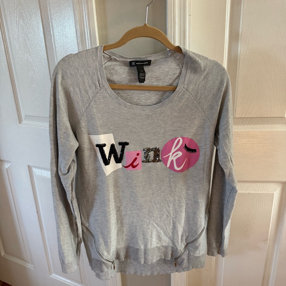 INC International Concepts Gray 'Wink' Sequin Sweatshirt - Picture 2 of 3